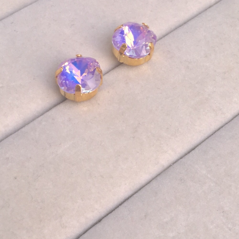 Lilac Purple Opal Aurora Borealis + Gold Cushion Cut Crystal Earrings - Picture 3 of 8